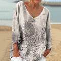 Vintage Embroidered Floral V-neck Linen Blend T-shirt artswardrobe