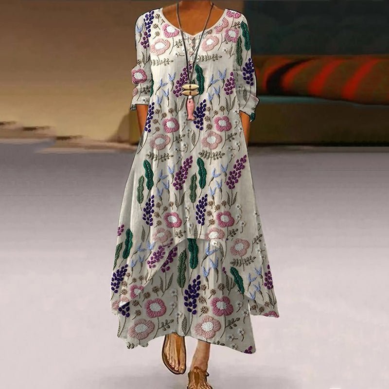Comstylish Embroidered Art Flower Print Casual Maxi Dress