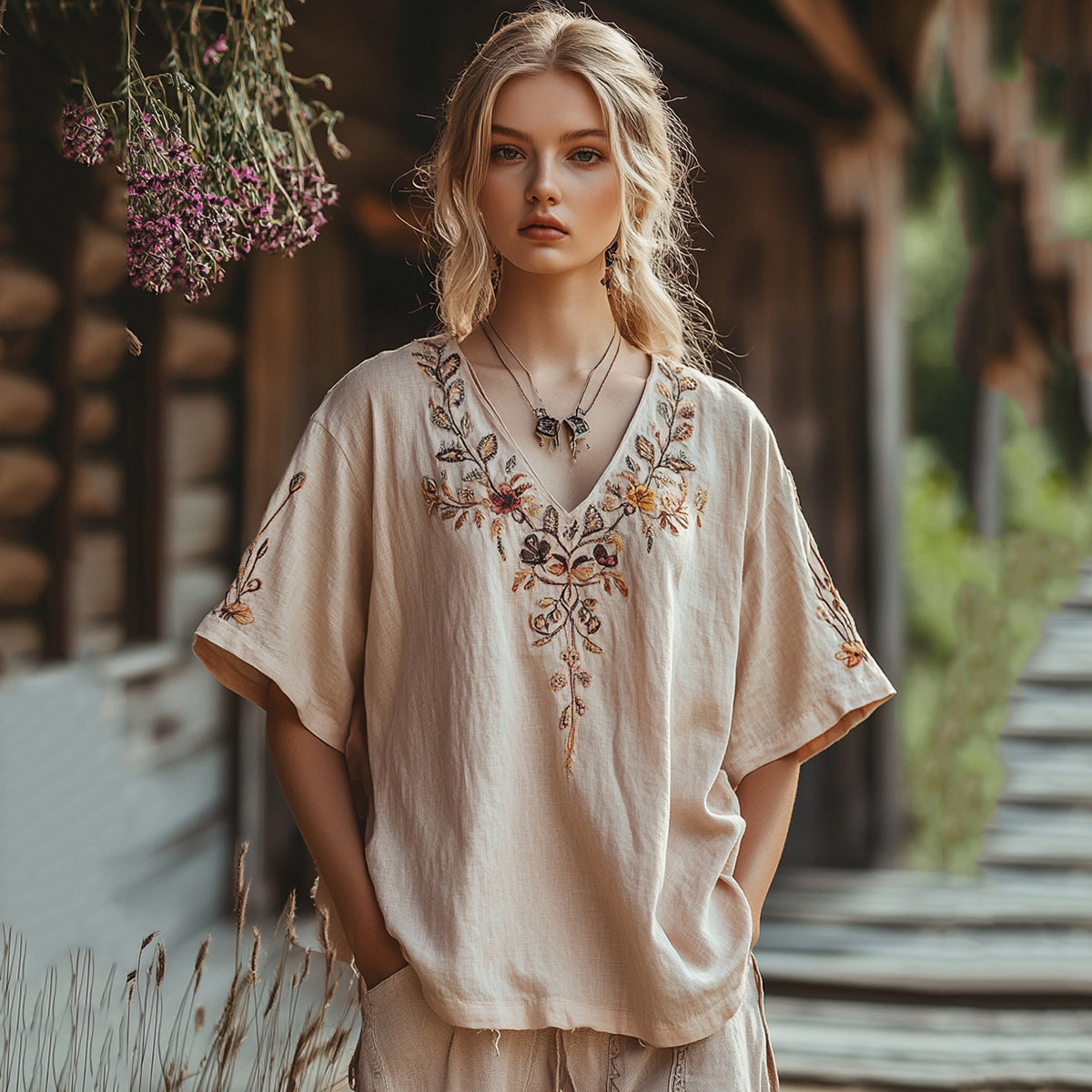 Women's Bohemian Vintage Flowers Art Casual Linen Top artswardrobe
