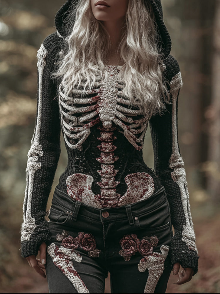 Comstylish Women Halloween Skull Blood Stains Make Old Black Hooded Knitted Sweater