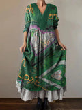Women's Hippie Love Art Print V-Neck Button Pocket Cotton Dress