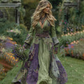 Vintage Purple Floral Patchwork Linen Long Sleeve Maxi Dress artswardrobe