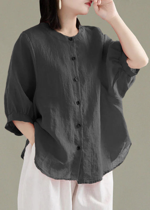 Art Red O-neck Button Linen Loose Shirt Top Lantern Sleeve