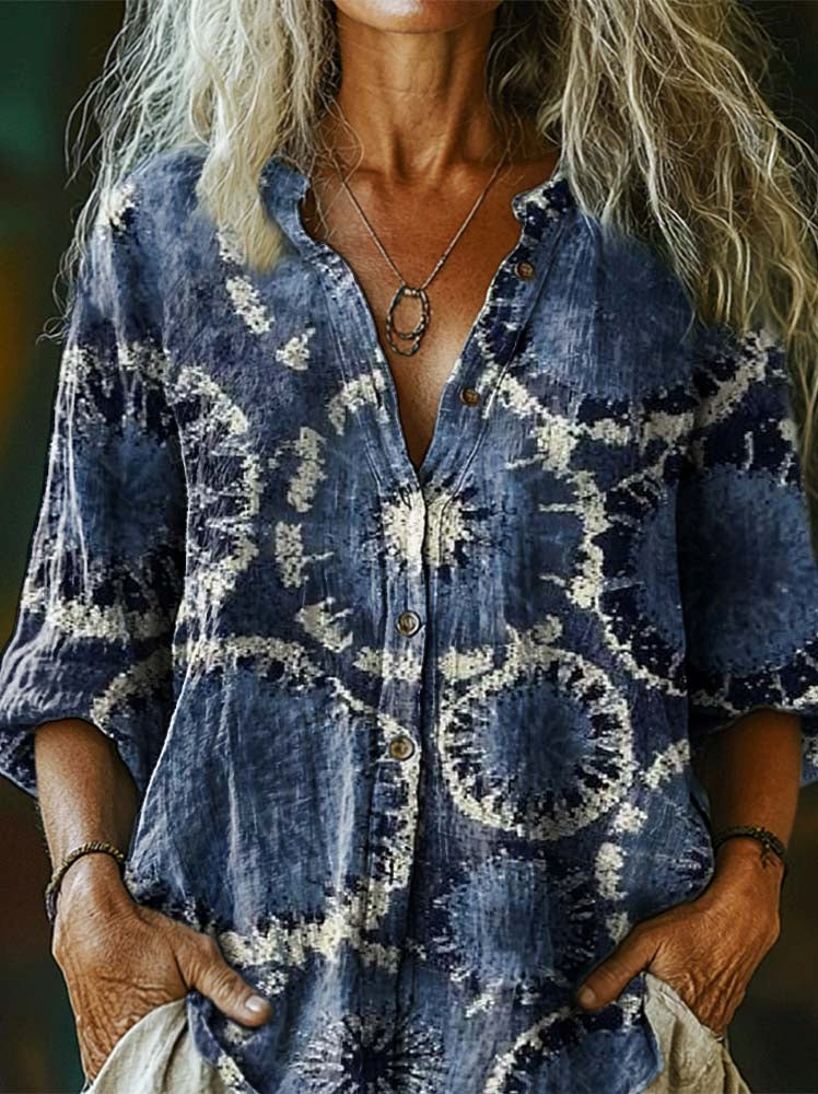 Women's Bohemian Vintage Tie-Dye Art Print Casual Cotton Linen Shirt