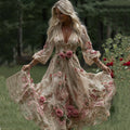 Comstylish Women's Vintage Rose Floral Embroidery Art Casual V Neck Maxi Dress