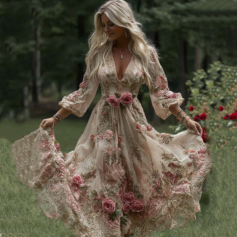 Women's Vintage Rose Floral Embroidery Art Casual V Neck Maxi Dress artswardrobe