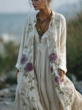 Comstylish Bohemian Style Plant And Flower Embroidery Printed Women's Cotton And Linen Long Cardigan