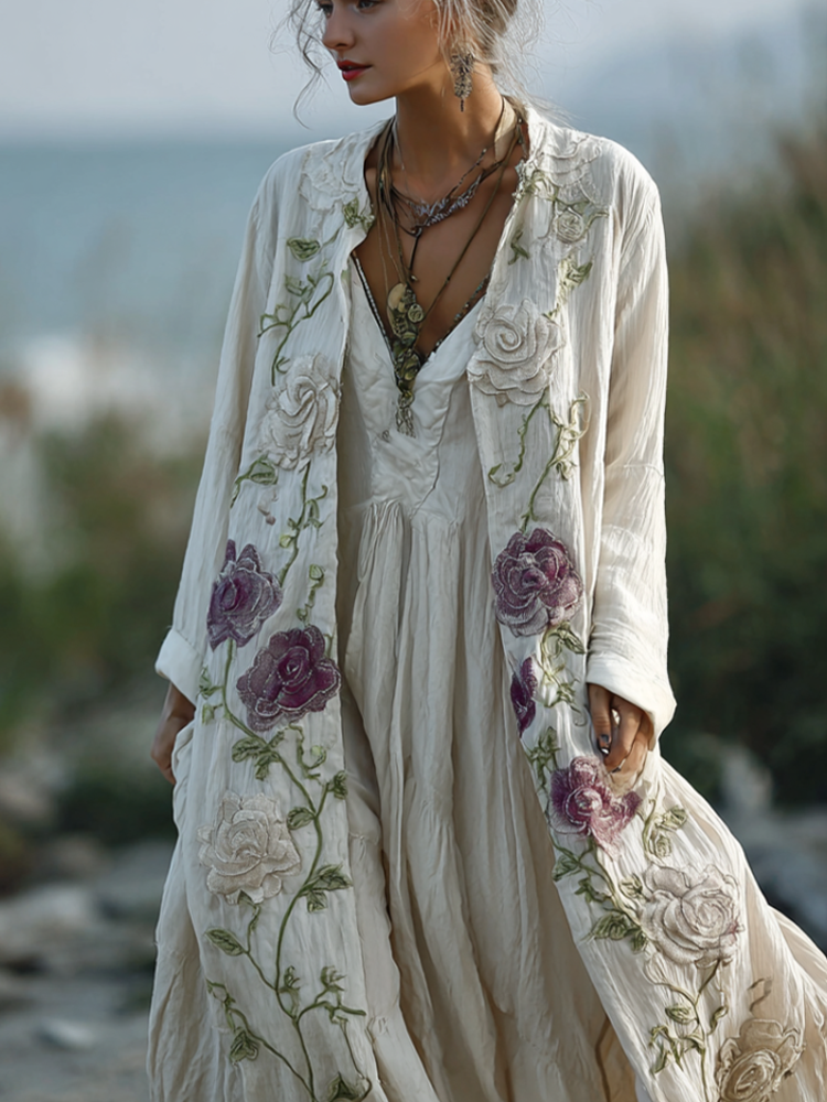 Comstylish Bohemian Style Plant And Flower Embroidery Printed Women's Cotton And Linen Long Cardigan