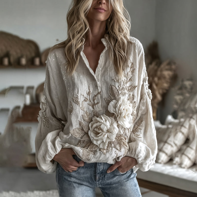 Women's Vintage Floral Art Casual Button Shirt artswardrobe