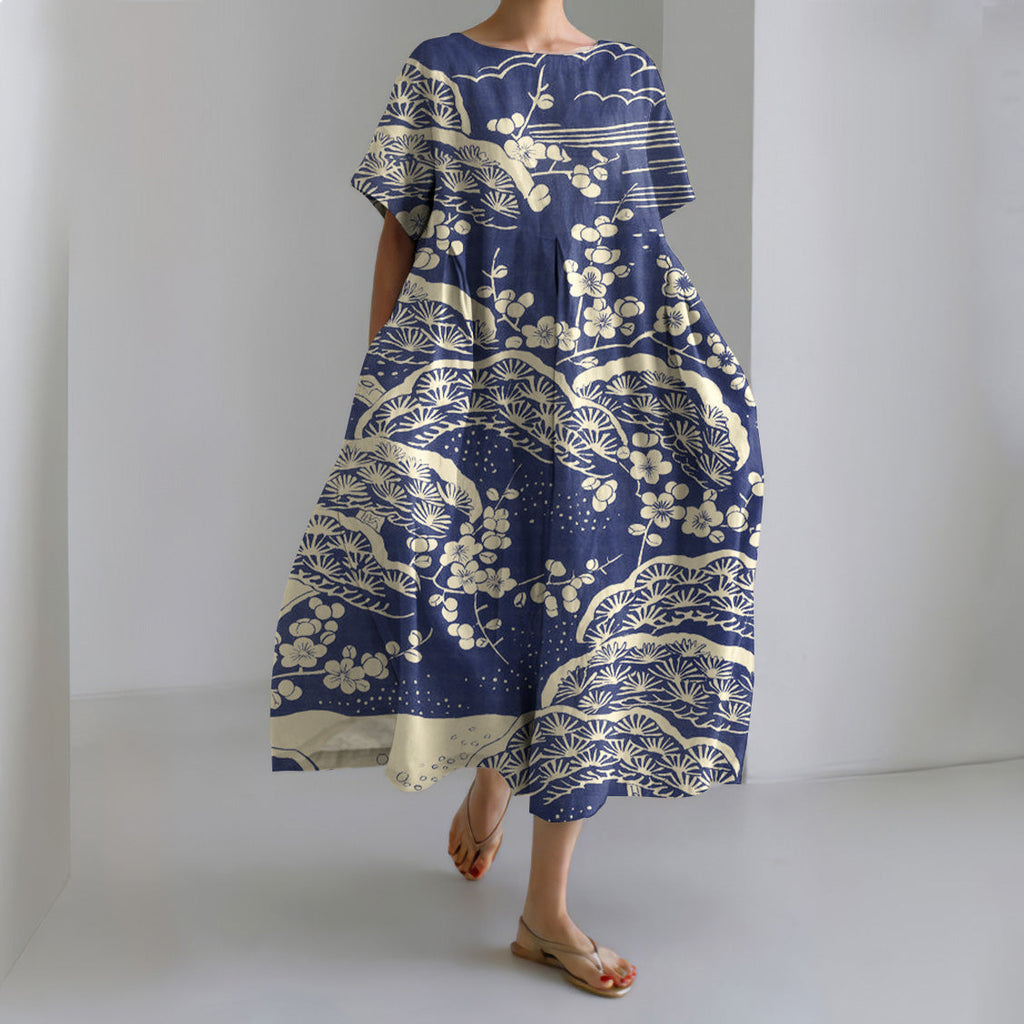 Comstylish Japanese Art Plum Blossom Printed Crew Neck Casual Midi Dress