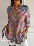 Women's Vintage Colorful Floral Totem Print Casual Cotton Shirt