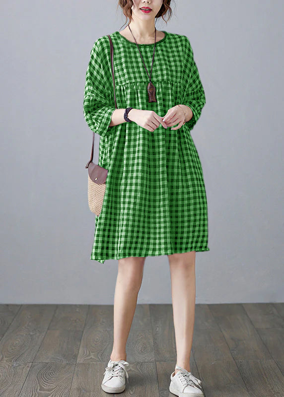 O-neck Wrinkled Pocket Plaid Linen Loose Dresses Half Sleeve