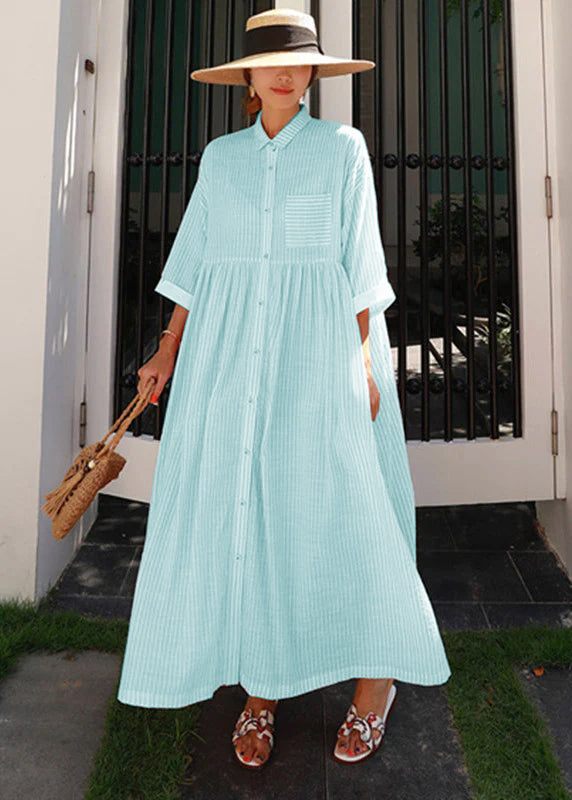 Green Peter Pan Collar Striped Button Pockets Wrinkled Long Dresses Half Sleeve