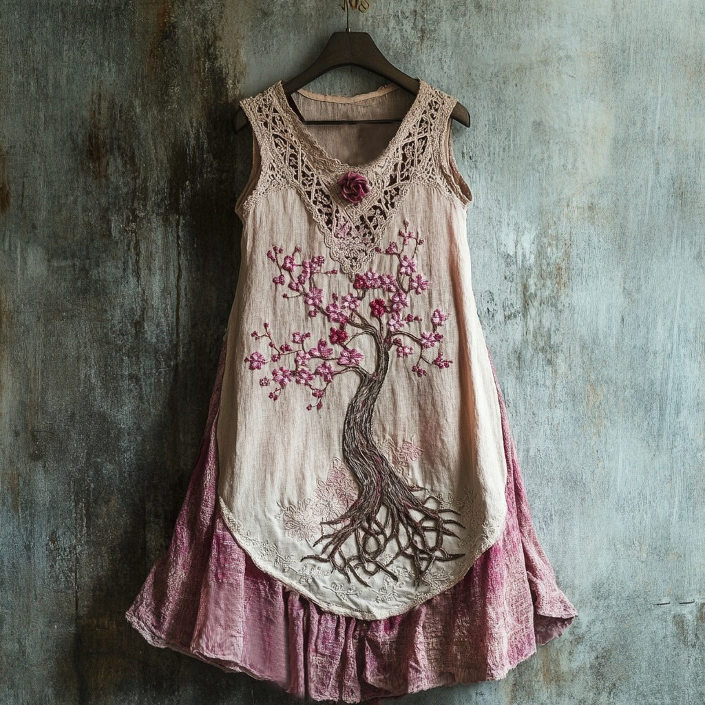 Women's Cherry Blossom Embroidery Art Linen Tank Dress artswardrobe