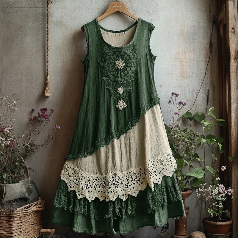 Retro Lace Patchwork Comfy Linen Tank Dress artswardrobe