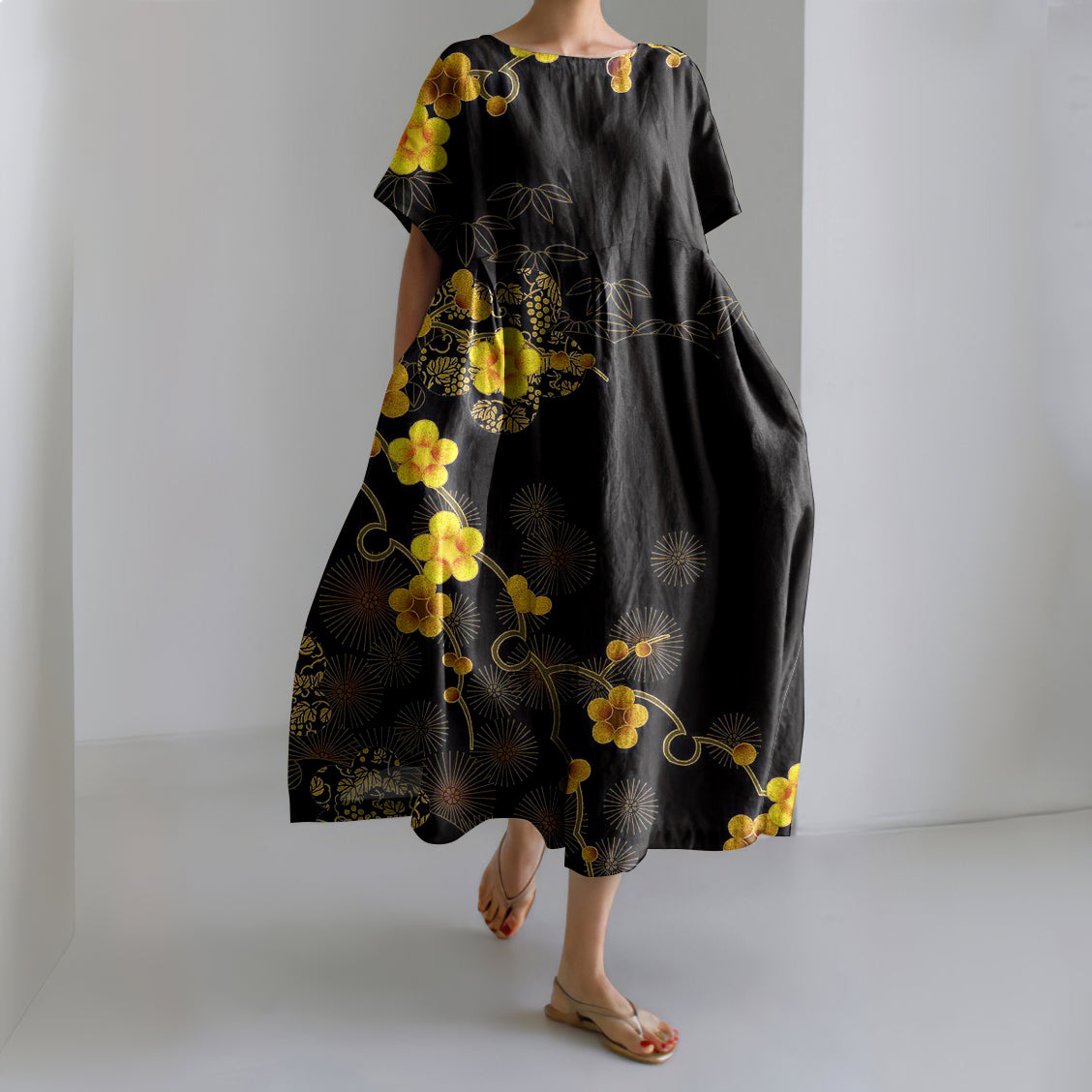 Comstylish Japanese Flowers Print Linen Maxi Dress