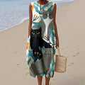 Women's Floral And Cat Art Print Dress artswardrobe