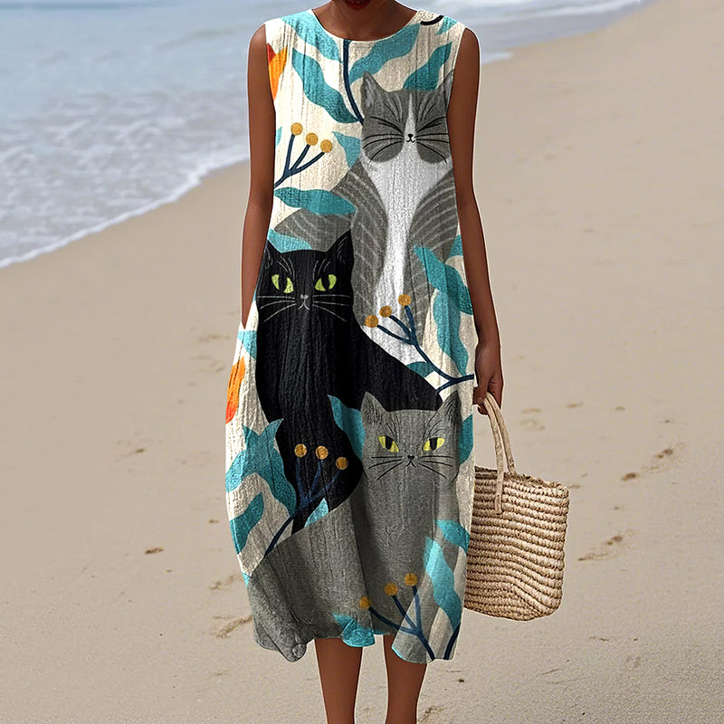 Women's Floral And Cat Art Print Dress artswardrobe