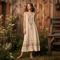 Vintage Tribal Floral Lace Panel Linen Dress artswardrobe
