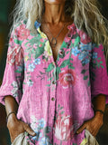 Women's Floral Pattern Art Print Casual Cotton Linen Shirt