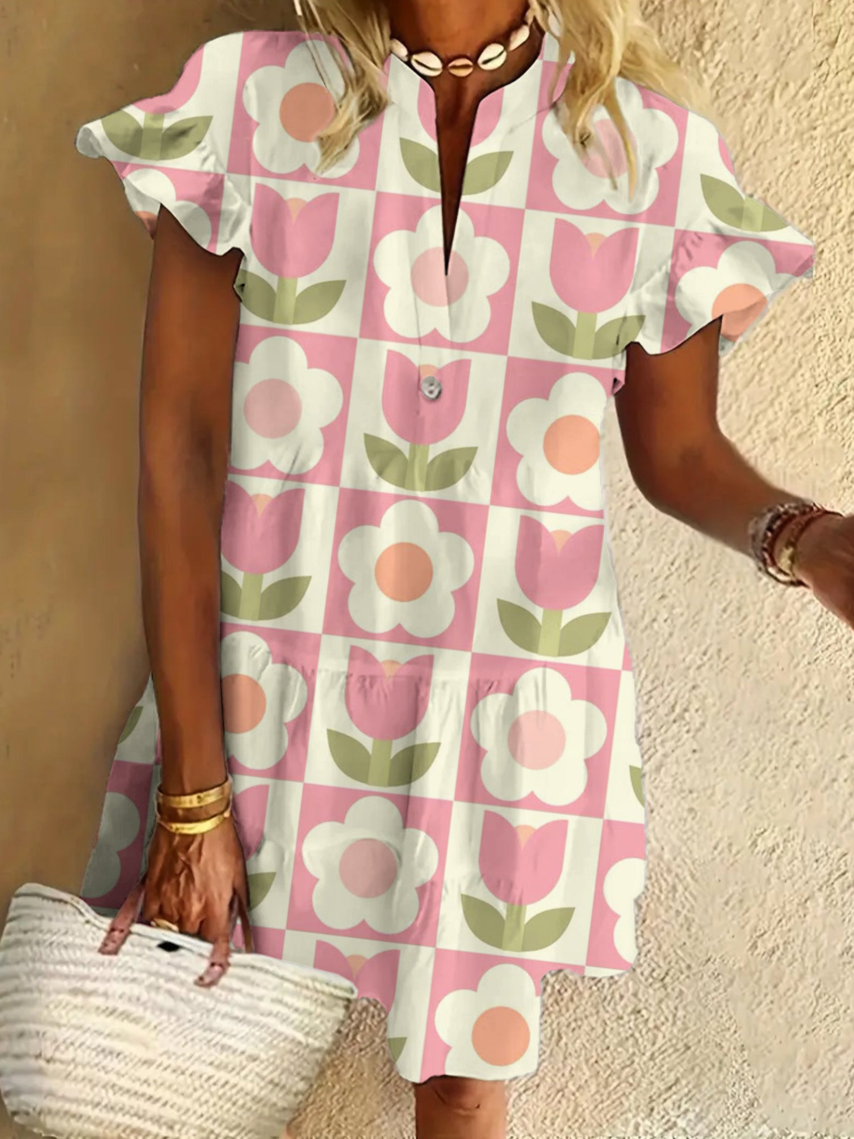 Vintage Floral Print Ruffled Short-sleeved V-neck Buttoned Dress Vacation Beach Dress