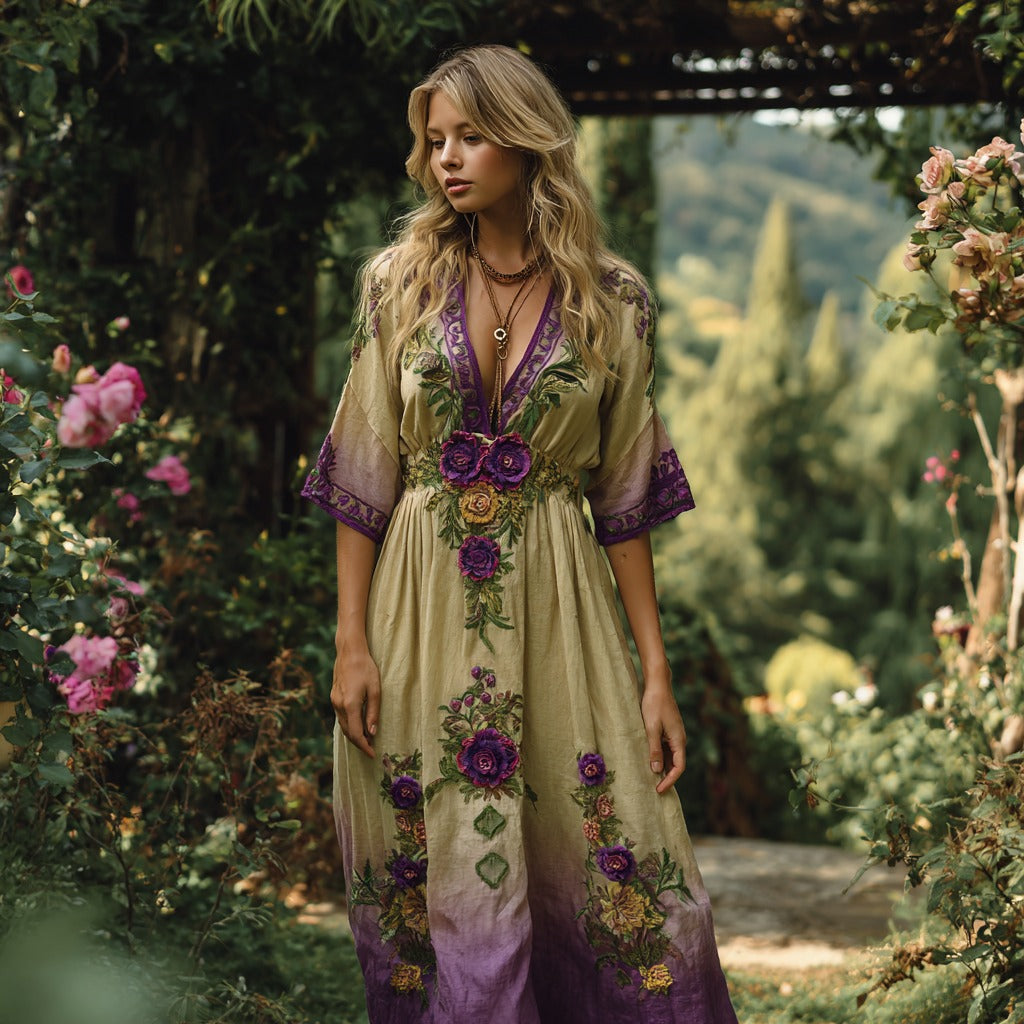 Vintage Gradient Purple Floral Embroidered V Neck Linen Blend Maxi Dress artswardrobe