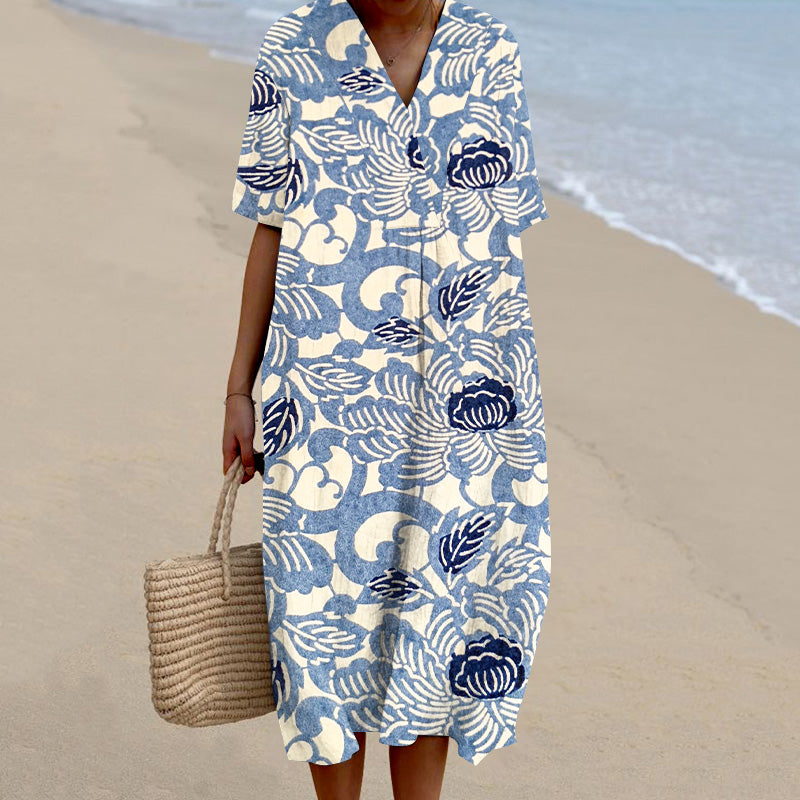 Comstylish Japanese Art Flower Printed V-Neck Loose Midi Dress