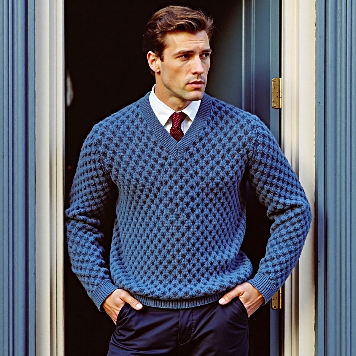Men'S Waffle Jacquard British V-Neck Sweater artswardrobe