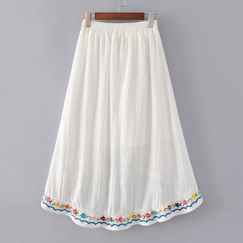 Women's Ethnic Floral Embroidered Linen Skirt artswardrobe