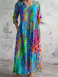 Women's Artistic Texture Geometric Pattern V-neck Cotton And Linen Dre