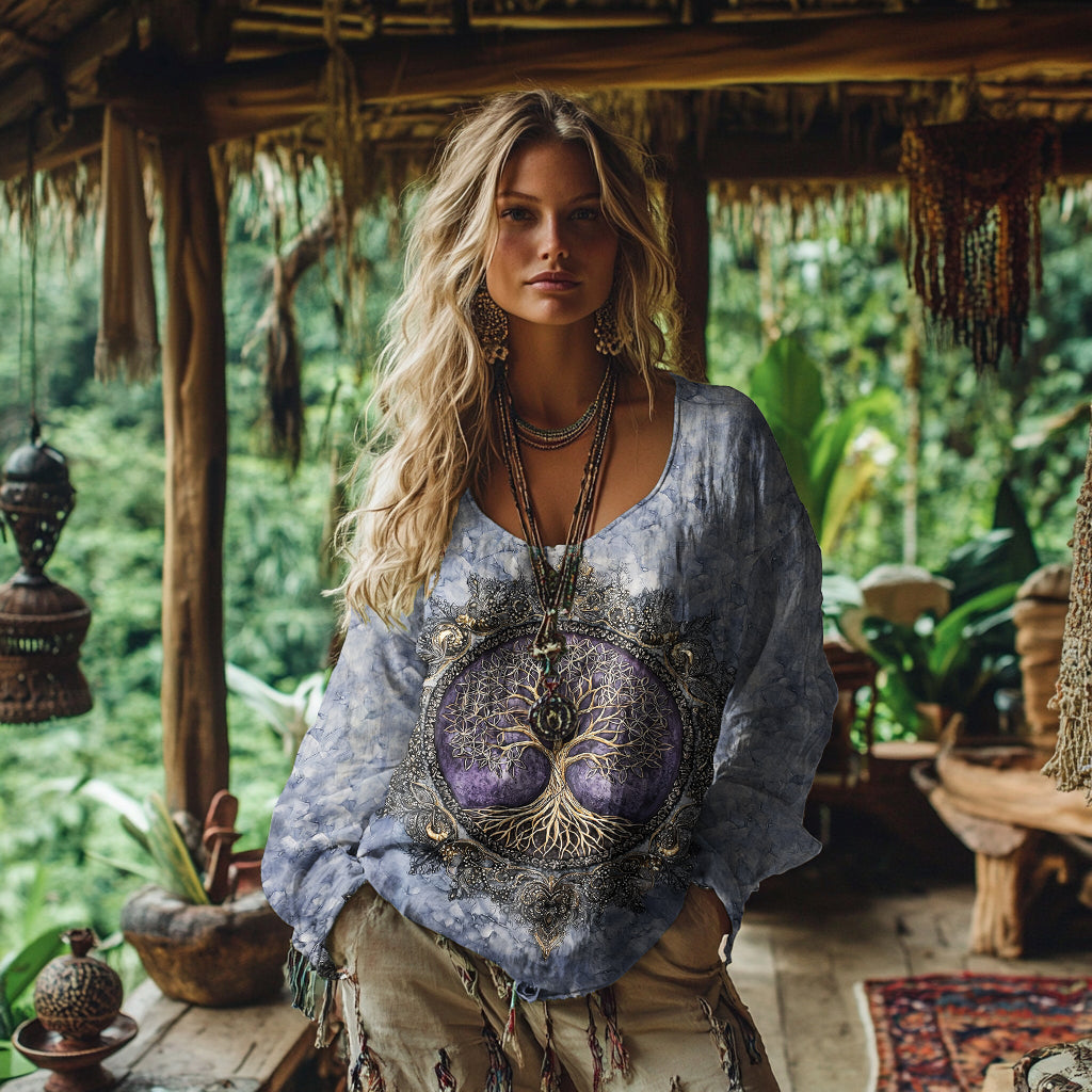 Women's Viking Style Tree Of Life Art Linen Casual T-shirt artswardrobe