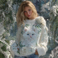 Women's Cat Rose Embroidery Art Cozy Knit Sweater elevenforest