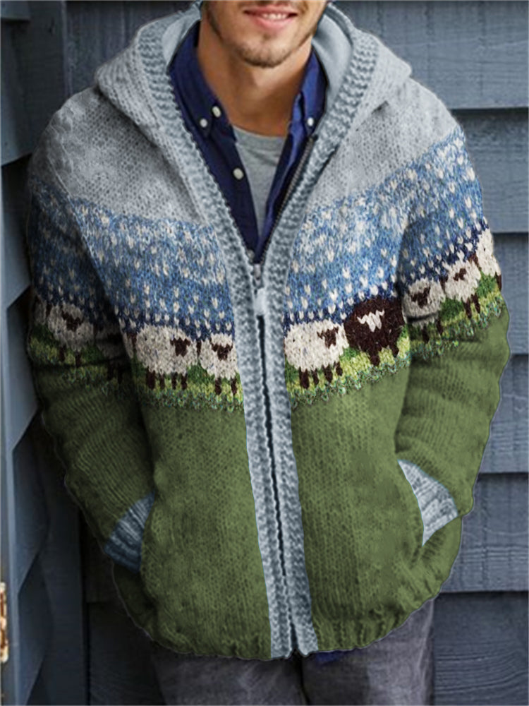 Men's Vintage Sheep Landscape Icelandic Cozy Knit Hooded Cardigan elevenforest