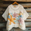Ocean Colorful Starfish Embroidered Lace Art Linen Blend Shirt artswardrobe