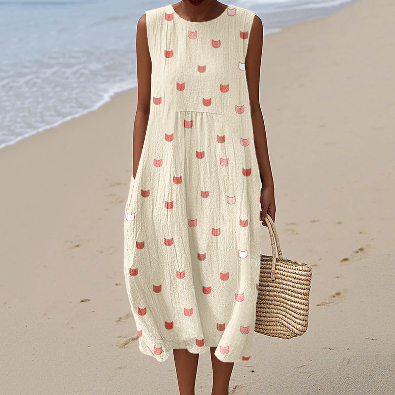 Cute Little Kitty Pattern Cozy Linen Tank Dress