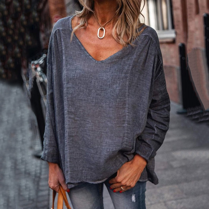 Women's Retro Solid Color Long Sleeve Linen V Neck T-shirt artswardrobe