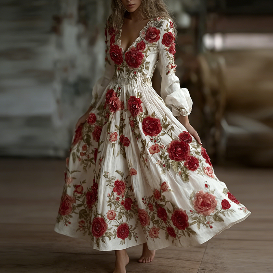 Bohemian Style Red Rose Retro Cotton And Linen Woman's V-neck Dress elevenforest
