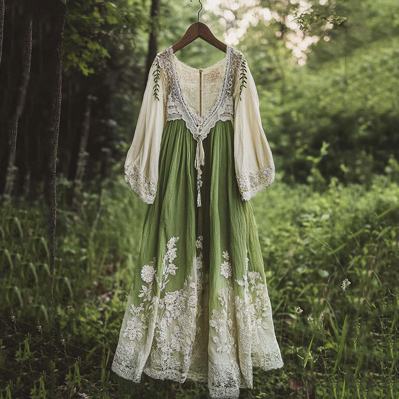 Vintage Floral Embroidered Pattern Linen Contrast Color Maxi Dress artswardrobe