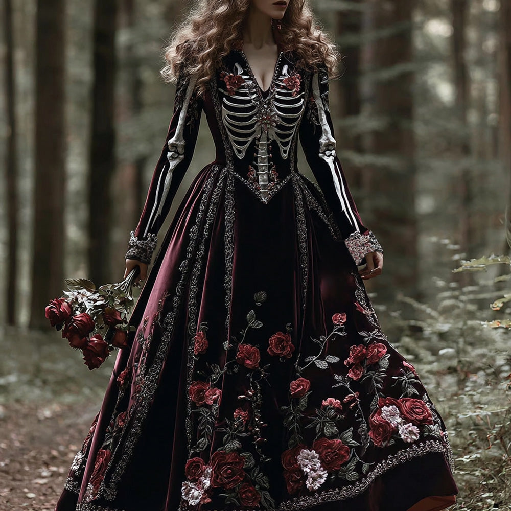 Comstylish Vintage Skeleton Bones With Roses Flowy Maxi Dress