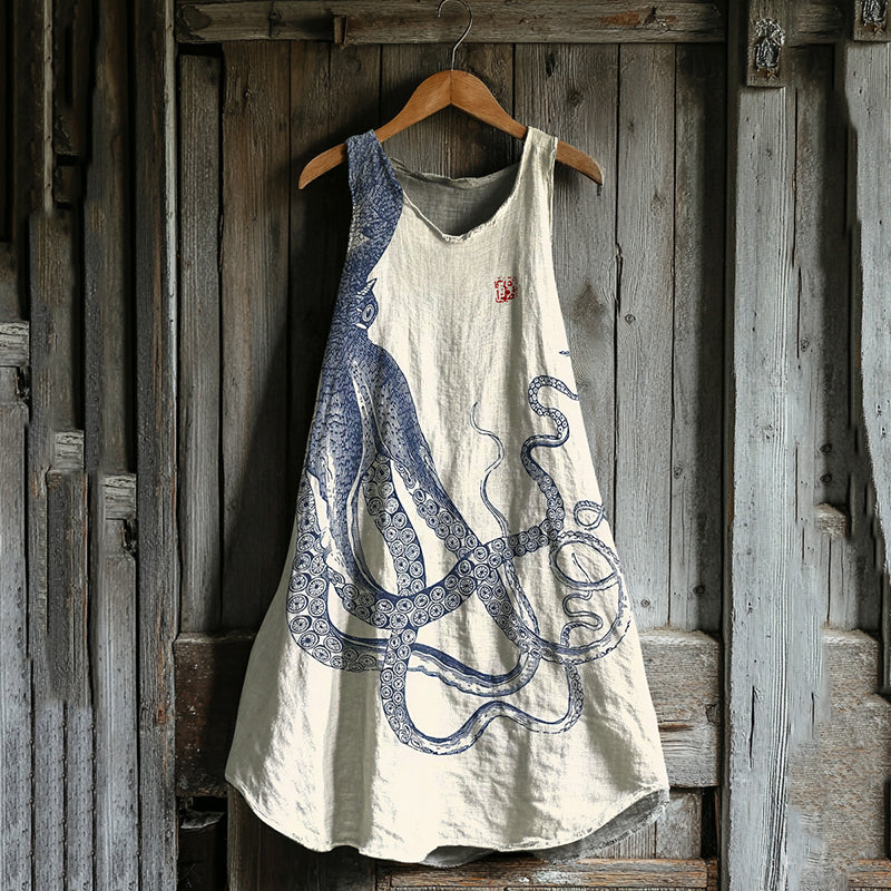 Japanese Octopus Art Linen Tank Dress artswardrobe