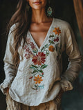 Retro Bohemian Floral Embroidered Linen Blend Cozy Shirt artswardrobe