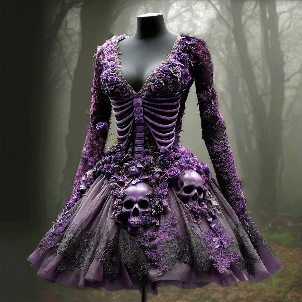 Comstylish Women's Halloween Skull Flowers Moss Witch Midi Dress