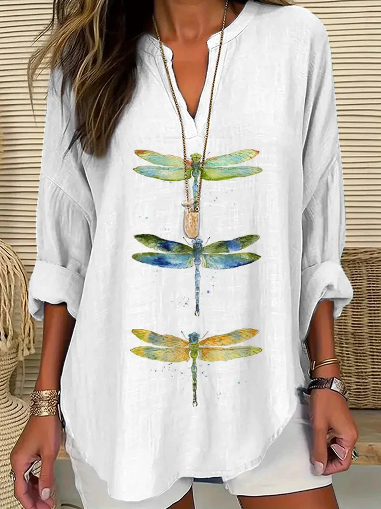 Comstylish Women's Dragonfly Print Casual Shirt