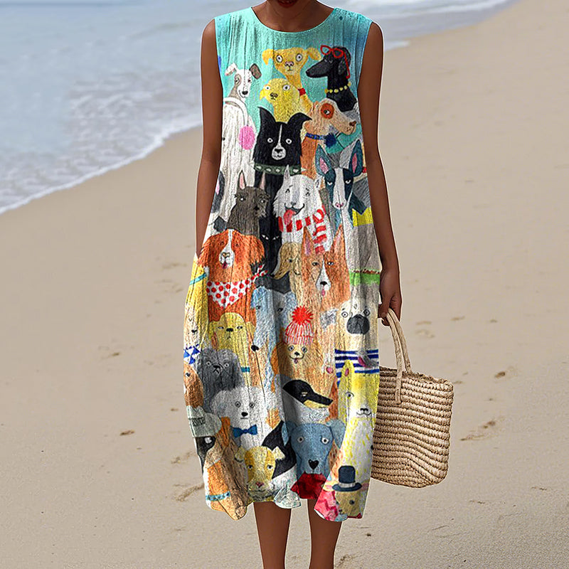 Women's Dog Art Print Tank Midi Dress artswardrobe