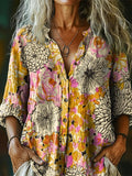 Women's Bohemian Floral Collage Art Print Casual Cotton Linen Shirt