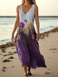 Women's Bohemian Floral Art Print Pocket Cotton Dress