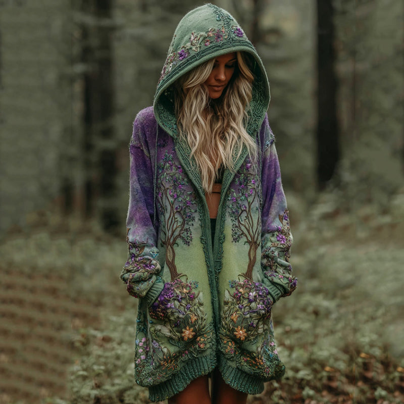 Comstylish Women's Floral And Life Of Tree Art Knitted Cozy Hooded Cardigan