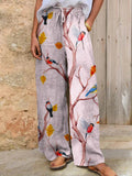 Women's Cute Bird Art Linen Wide Leg Pants artswardrobe
