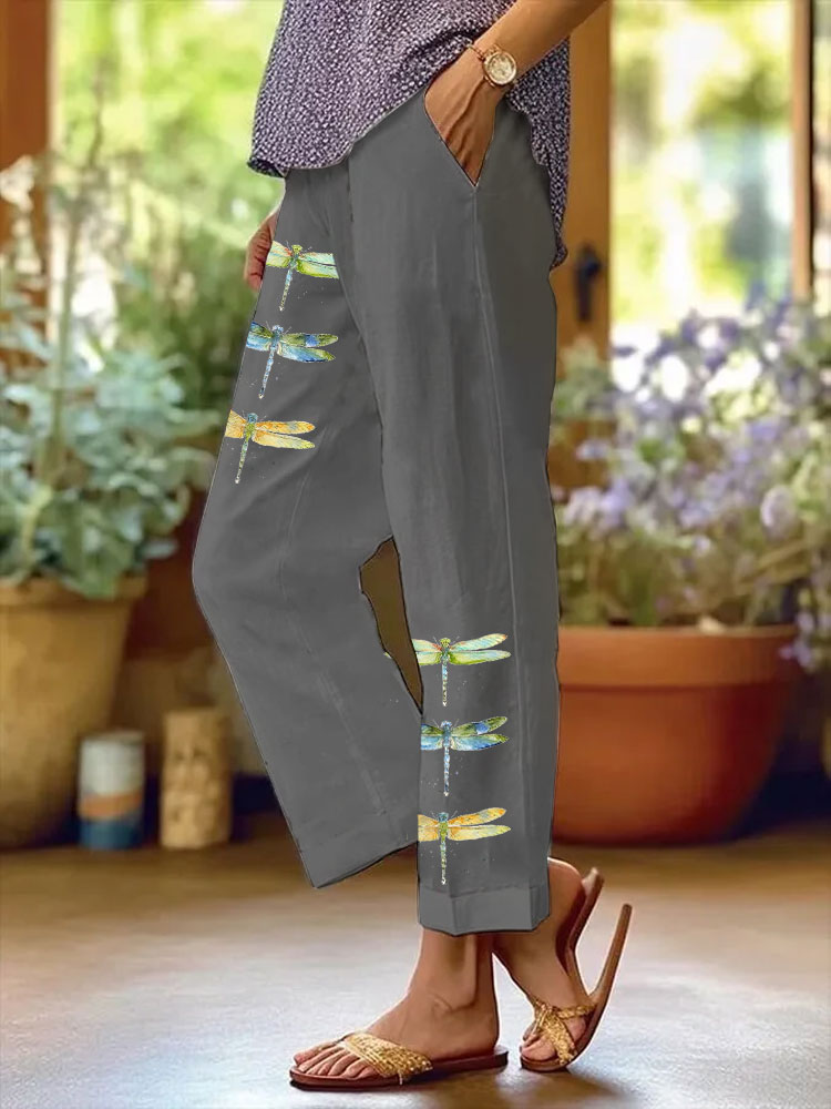 Comstylish Women's Watercolor Dragonfly Print Casual Pants