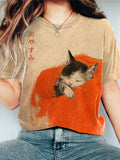 Vintage Japanese Cat Printed Casual T-Shirt elevenforest